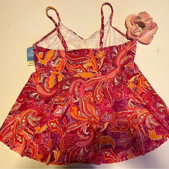 🛍️Swim Solution Plus Size Printed V- Neck Tankini Swimwear Fuschia pink Top 18W - Picture 5 of 10